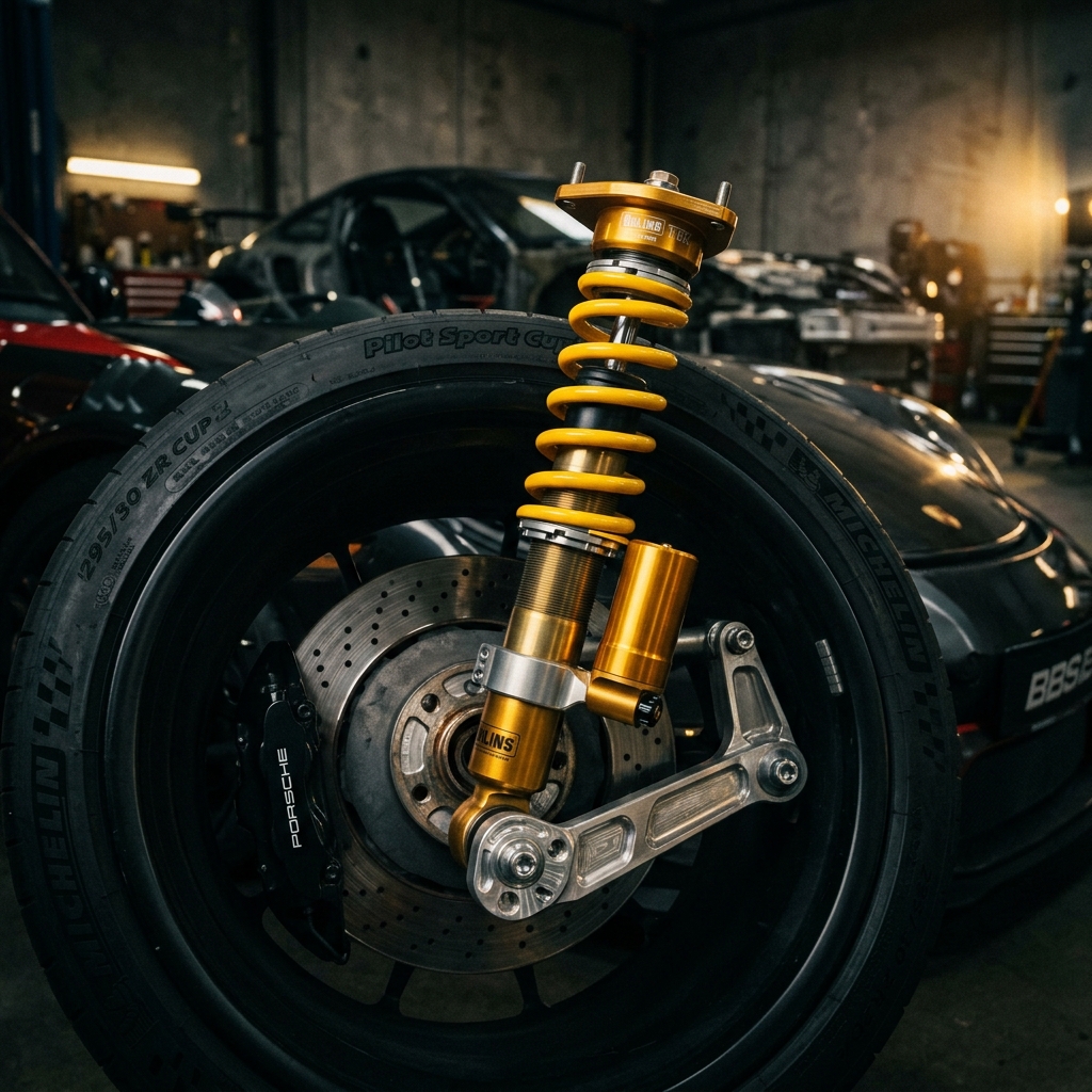 Чорний Porsche 911 із встановленим золотим койловером Öhlins TTX на задній колодці